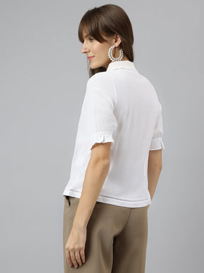 Latin Quarters Women's White Solid Collared Half Sleeve Casual Shirt