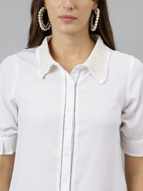 Latin Quarters Women's White Solid Collared Half Sleeve Casual Shirt