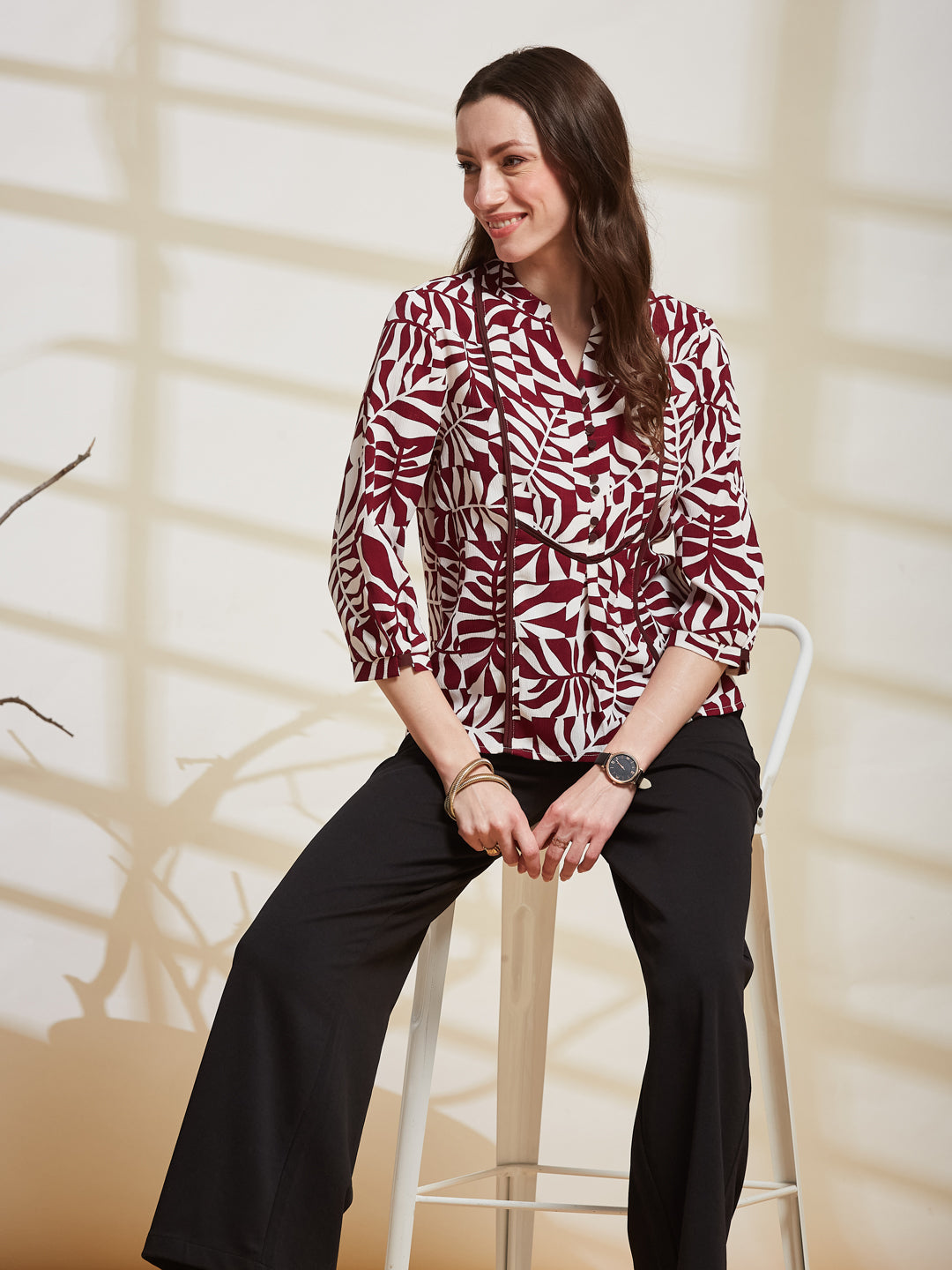 Latin Quarters Women's Maroon Printed Mandarin Collar 3/4Th Sleeve Casual Top