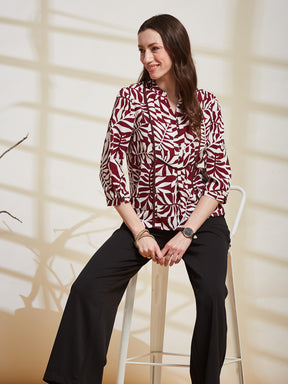 Latin Quarters Women's Maroon Printed Mandarin Collar 3/4Th Sleeve Casual Top