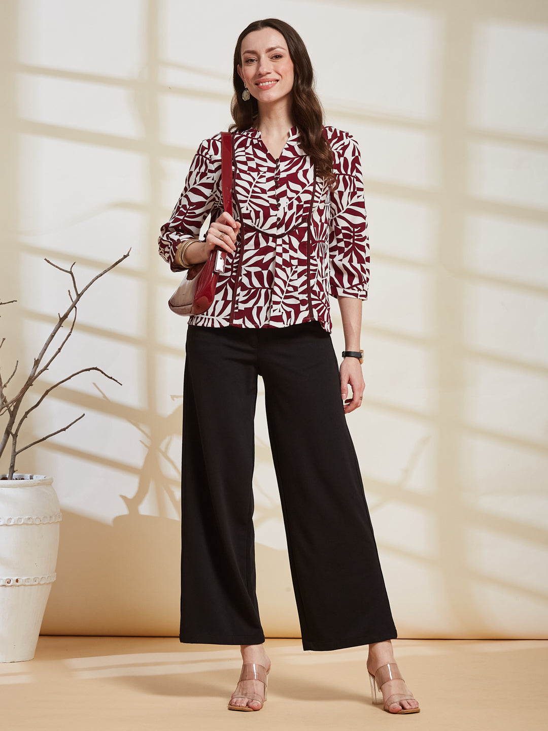 Latin Quarters Women's Maroon Printed Mandarin Collar 3/4Th Sleeve Casual Top