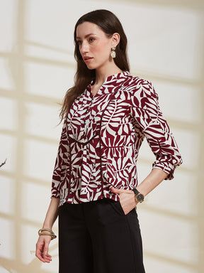 Latin Quarters Women's Maroon Printed Mandarin Collar 3/4Th Sleeve Casual Top