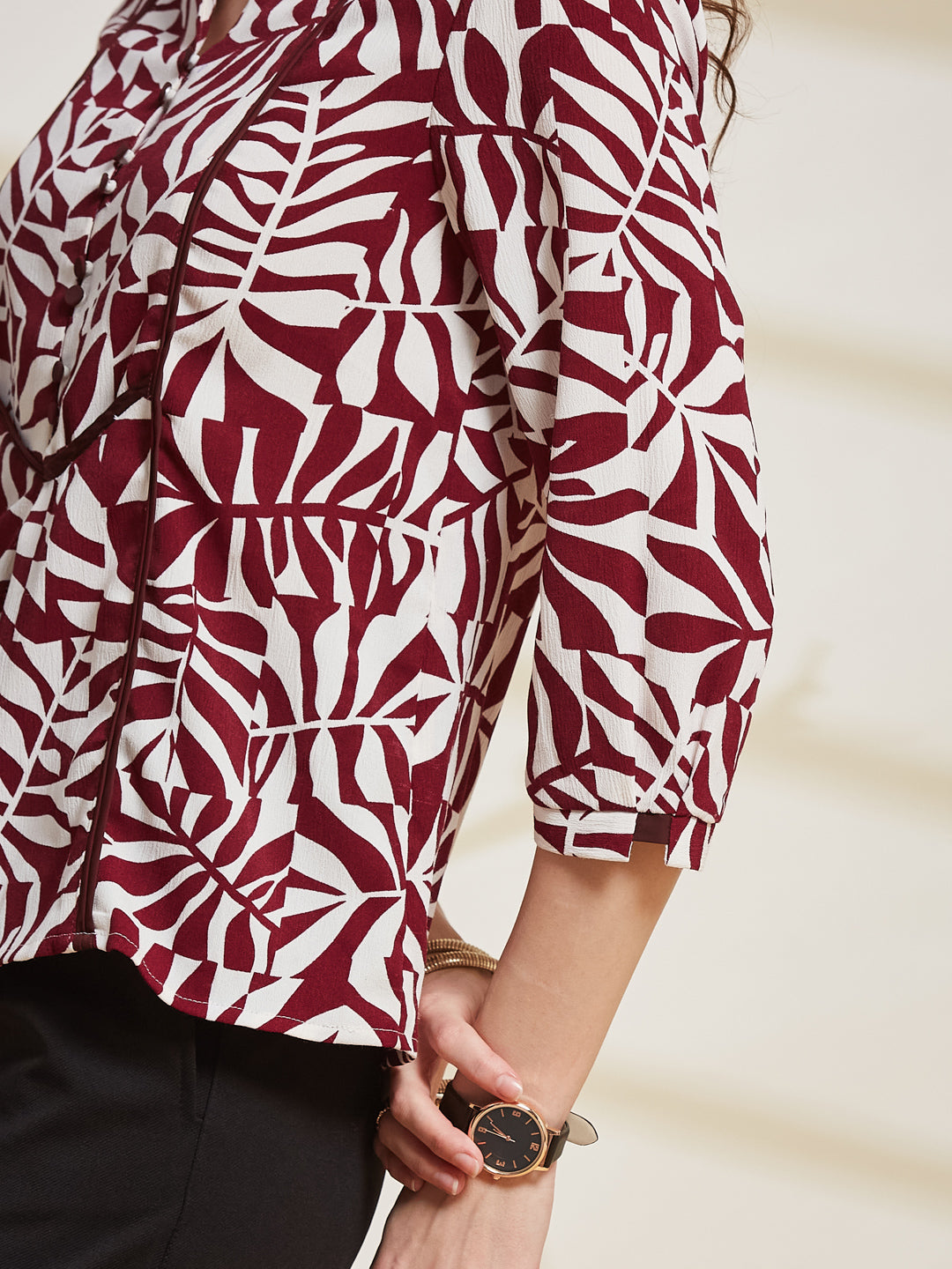 Latin Quarters Women's Maroon Printed Mandarin Collar 3/4Th Sleeve Casual Top