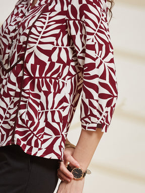 Latin Quarters Women's Maroon Printed Mandarin Collar 3/4Th Sleeve Casual Top