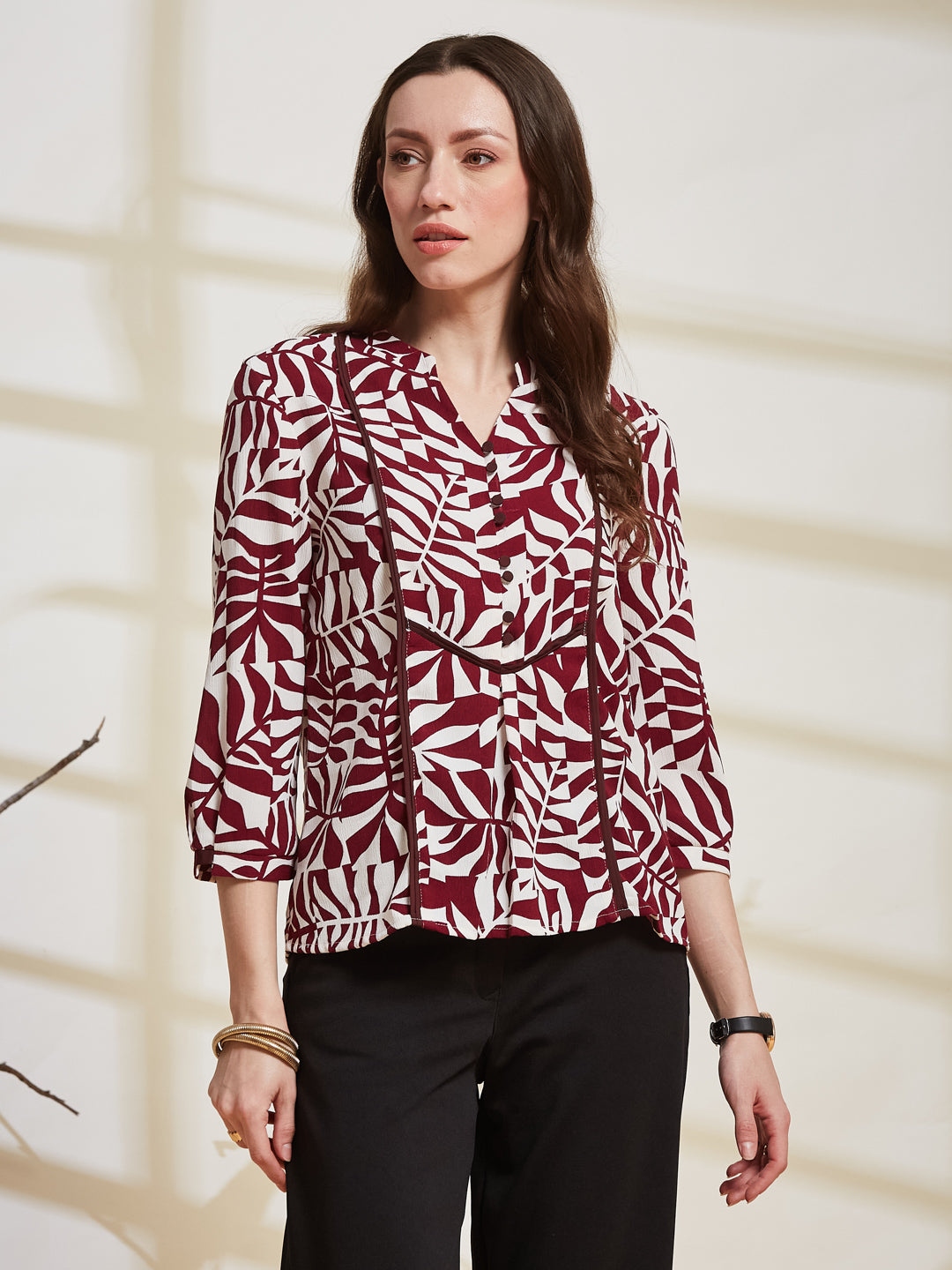 Latin Quarters Women's Maroon Printed Mandarin Collar 3/4Th Sleeve Casual Top
