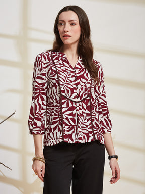 Latin Quarters Women's Maroon Printed Mandarin Collar 3/4Th Sleeve Casual Top