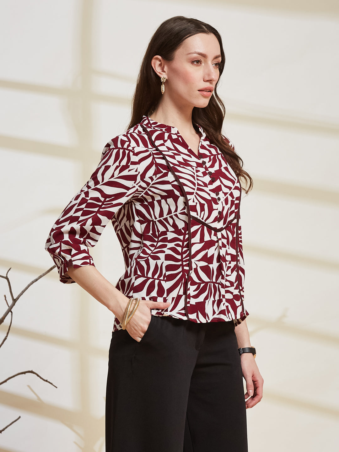 Latin Quarters Women's Maroon Printed Mandarin Collar 3/4Th Sleeve Casual Top