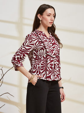 Latin Quarters Women's Maroon Printed Mandarin Collar 3/4Th Sleeve Casual Top