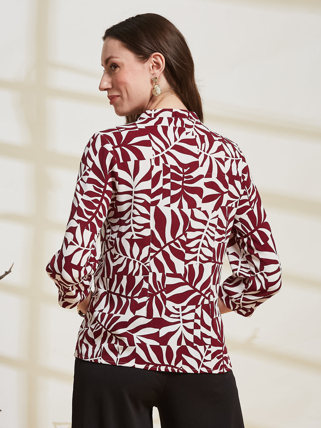 Latin Quarters Women's Maroon Printed Mandarin Collar 3/4Th Sleeve Casual Top