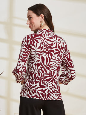 Latin Quarters Women's Maroon Printed Mandarin Collar 3/4Th Sleeve Casual Top
