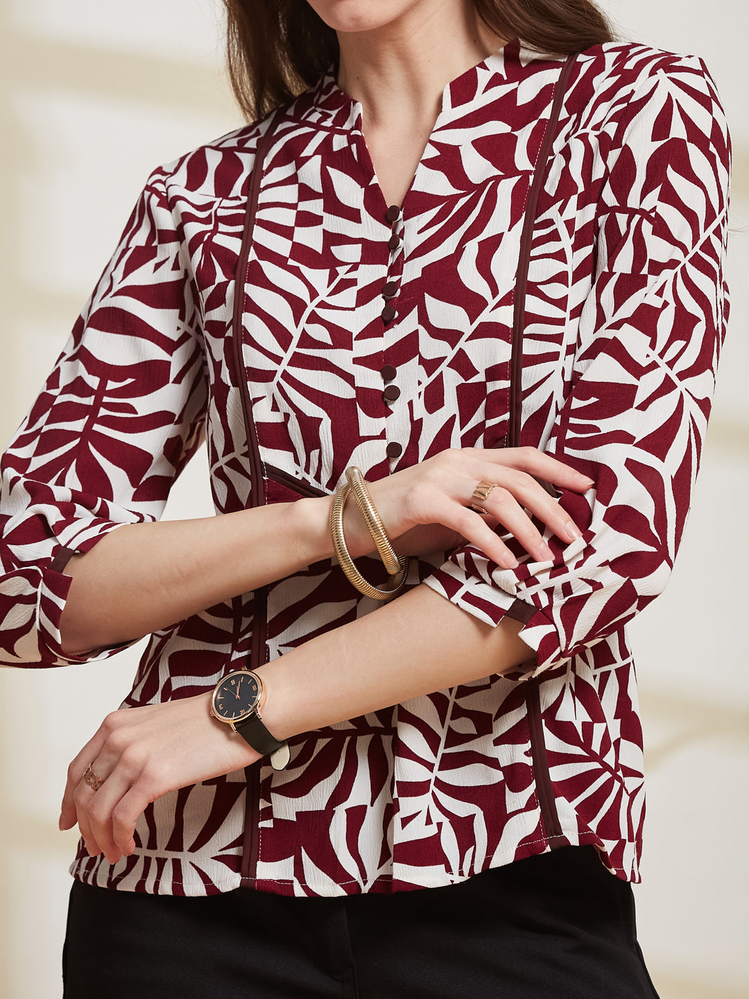 Latin Quarters Women's Maroon Printed Mandarin Collar 3/4Th Sleeve Casual Top