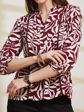 Latin Quarters Women's Maroon Printed Mandarin Collar 3/4Th Sleeve Casual Top