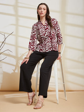 Latin Quarters Women's Maroon Printed Mandarin Collar 3/4Th Sleeve Casual Top