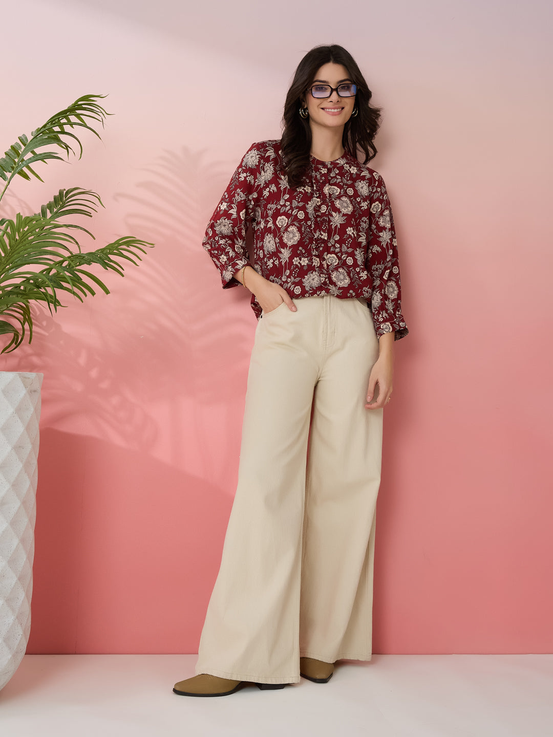 Latin Quarters Women's Maroon Printed Mandarin Neck 3/4th Sleeves Casual Top