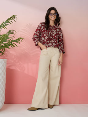 Latin Quarters Women's Maroon Printed Mandarin Neck 3/4th Sleeves Casual Top