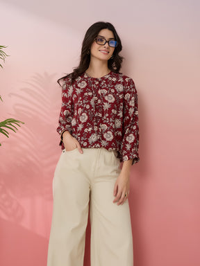 Latin Quarters Women's Maroon Printed Mandarin Neck 3/4th Sleeves Casual Top