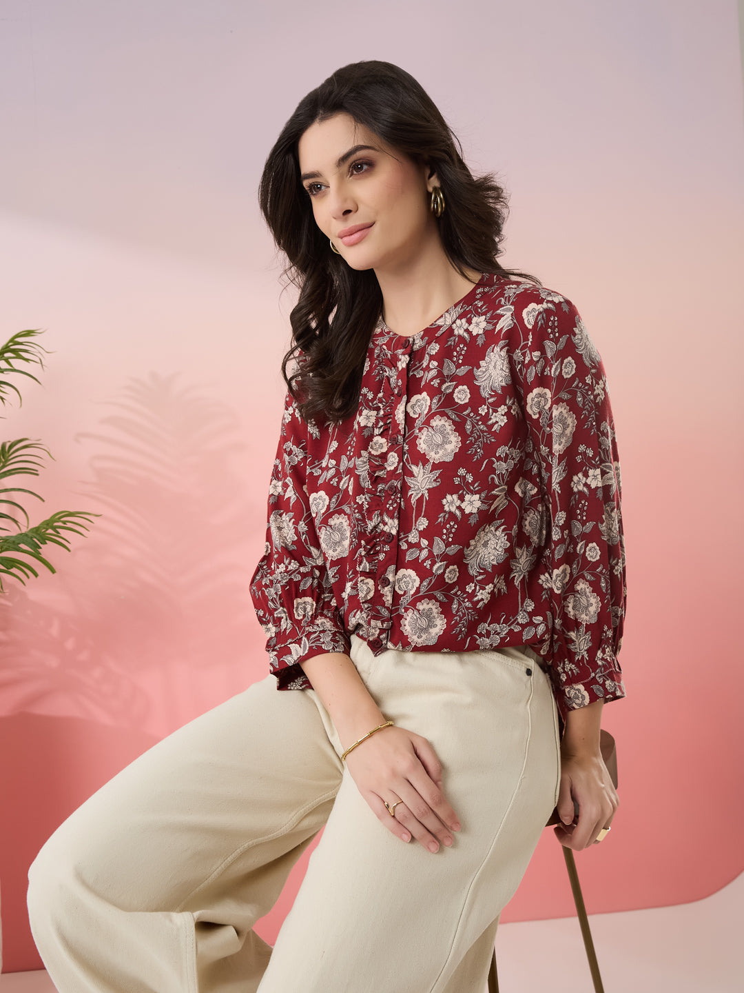 Latin Quarters Women's Maroon Printed Mandarin Neck 3/4th Sleeves Casual Top
