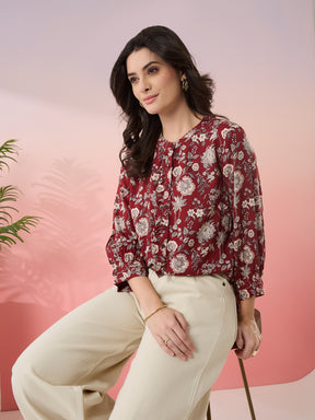 Latin Quarters Women's Maroon Printed Mandarin Neck 3/4th Sleeves Casual Top