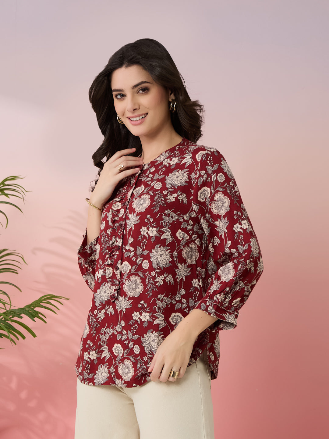 Latin Quarters Women's Maroon Printed Mandarin Neck 3/4th Sleeves Casual Top