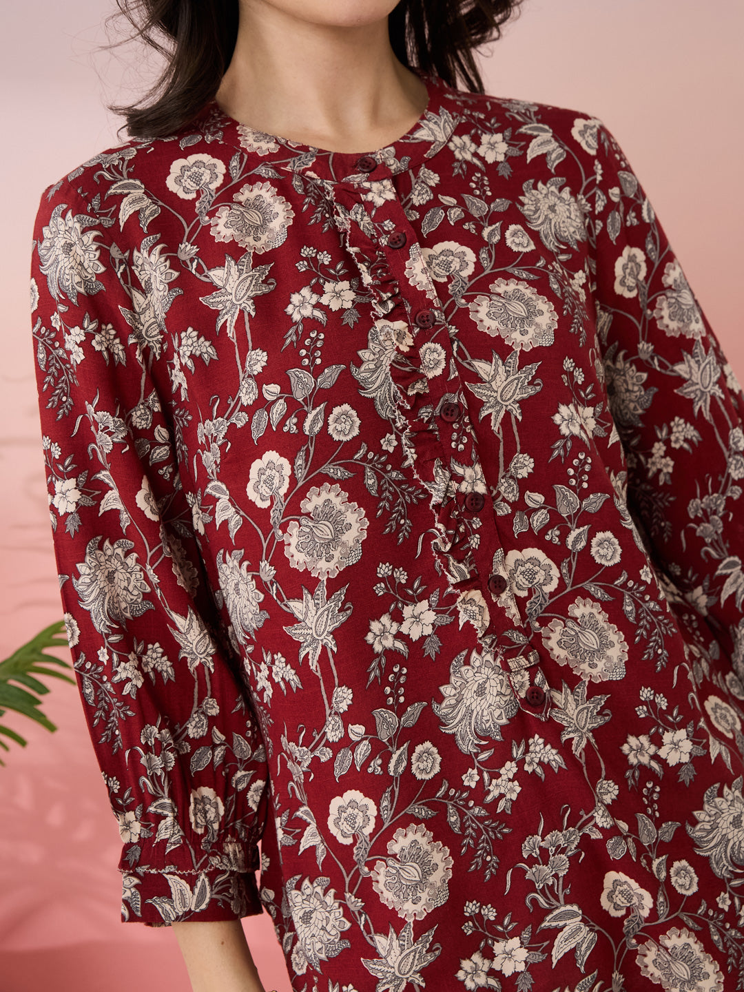 Latin Quarters Women's Maroon Printed Mandarin Neck 3/4th Sleeves Casual Top