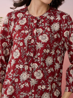 Latin Quarters Women's Maroon Printed Mandarin Neck 3/4th Sleeves Casual Top