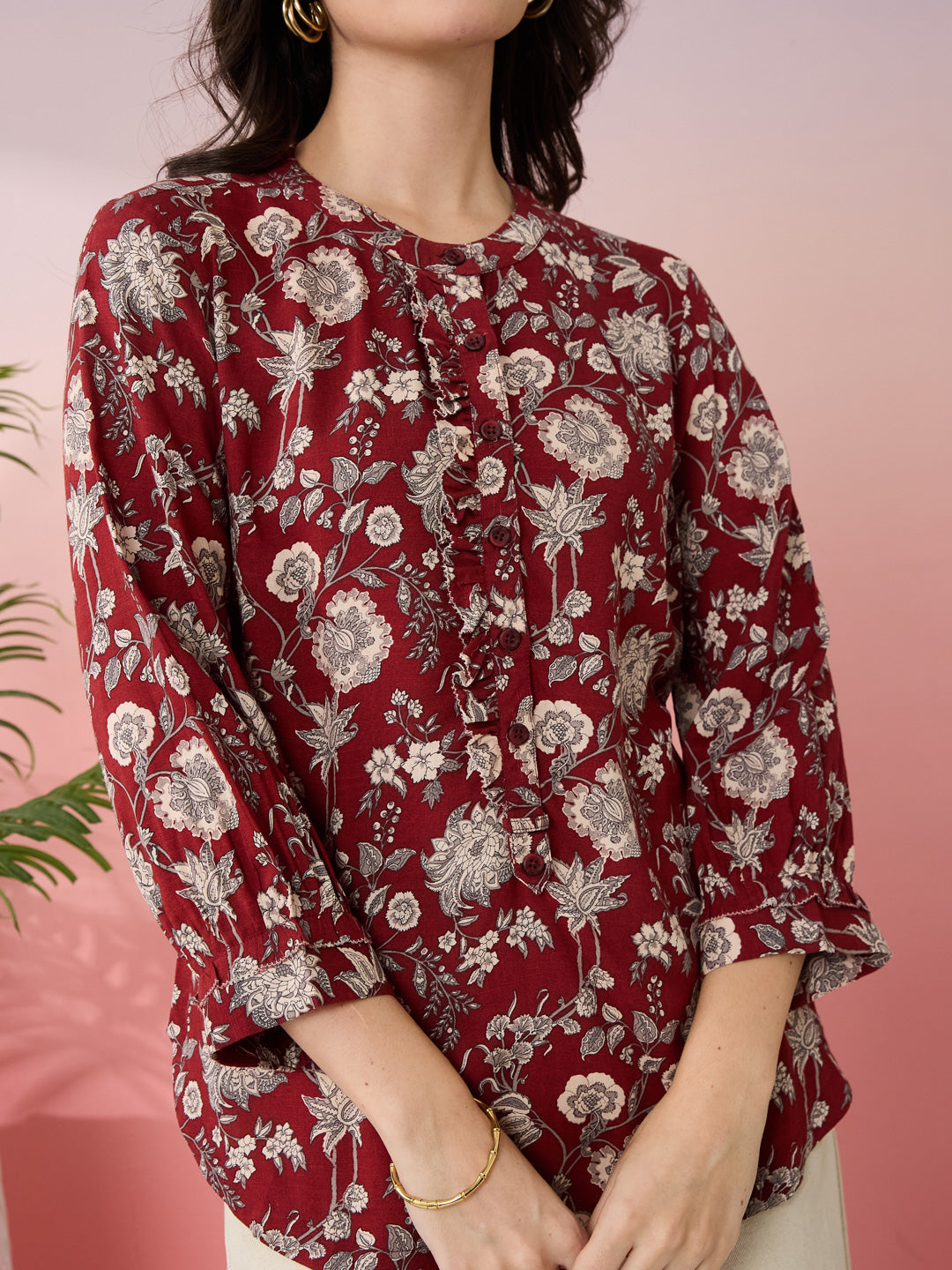 Latin Quarters Women's Maroon Printed Mandarin Neck 3/4th Sleeves Casual Top