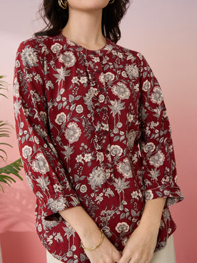 Latin Quarters Women's Maroon Printed Mandarin Neck 3/4th Sleeves Casual Top