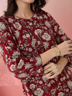 Latin Quarters Women's Maroon Printed Mandarin Neck 3/4th Sleeves Casual Top