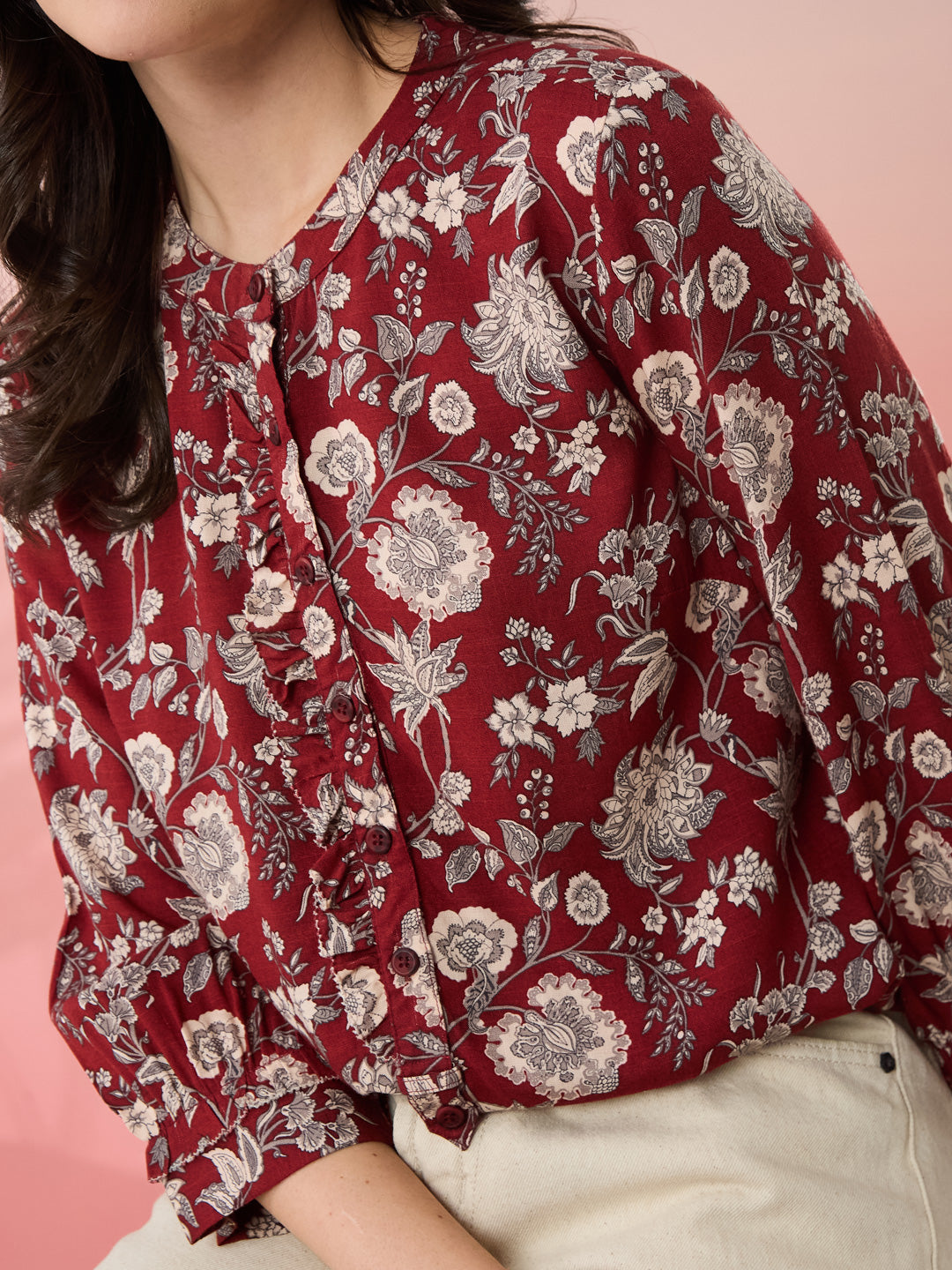 Latin Quarters Women's Maroon Printed Mandarin Neck 3/4th Sleeves Casual Top