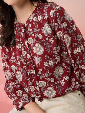 Latin Quarters Women's Maroon Printed Mandarin Neck 3/4th Sleeves Casual Top