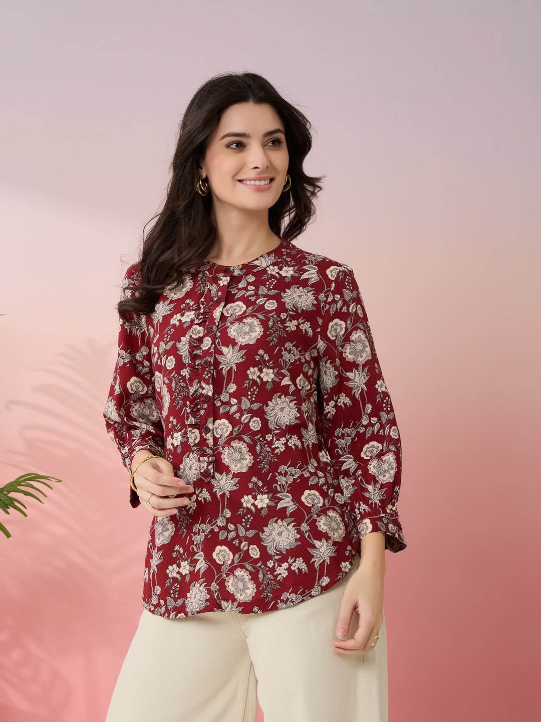 Latin Quarters Women's Maroon Printed Mandarin Neck 3/4th Sleeves Casual Top