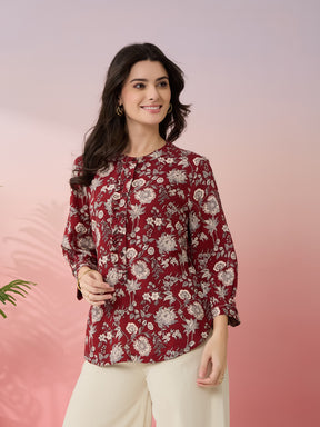 Latin Quarters Women's Maroon Printed Mandarin Neck 3/4th Sleeves Casual Top