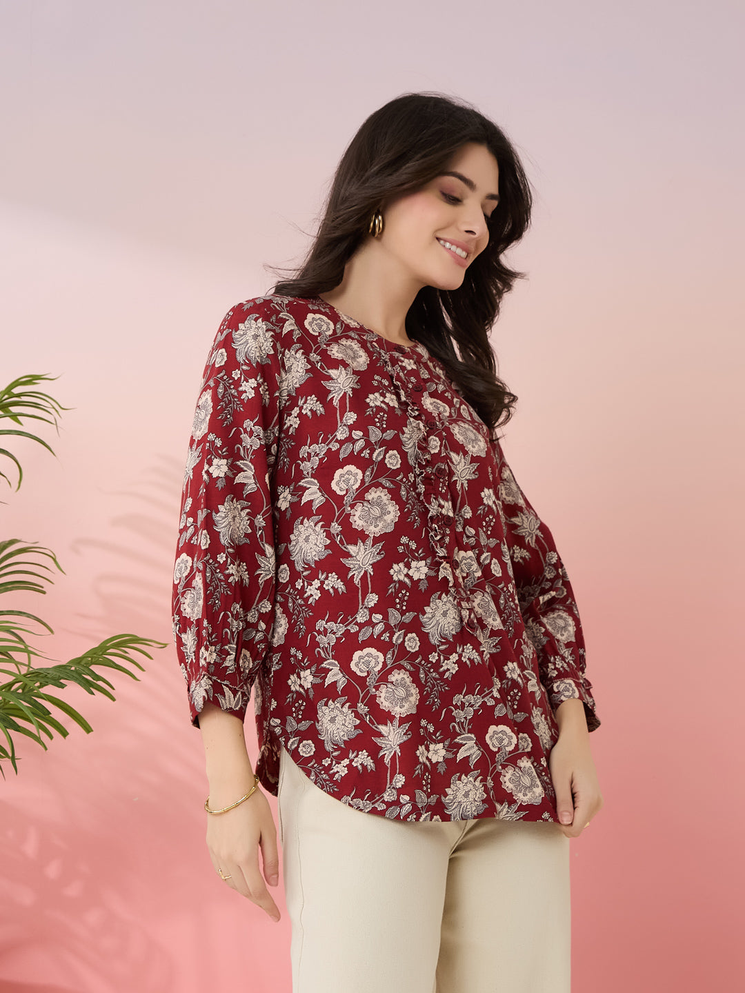 Latin Quarters Women's Maroon Printed Mandarin Neck 3/4th Sleeves Casual Top