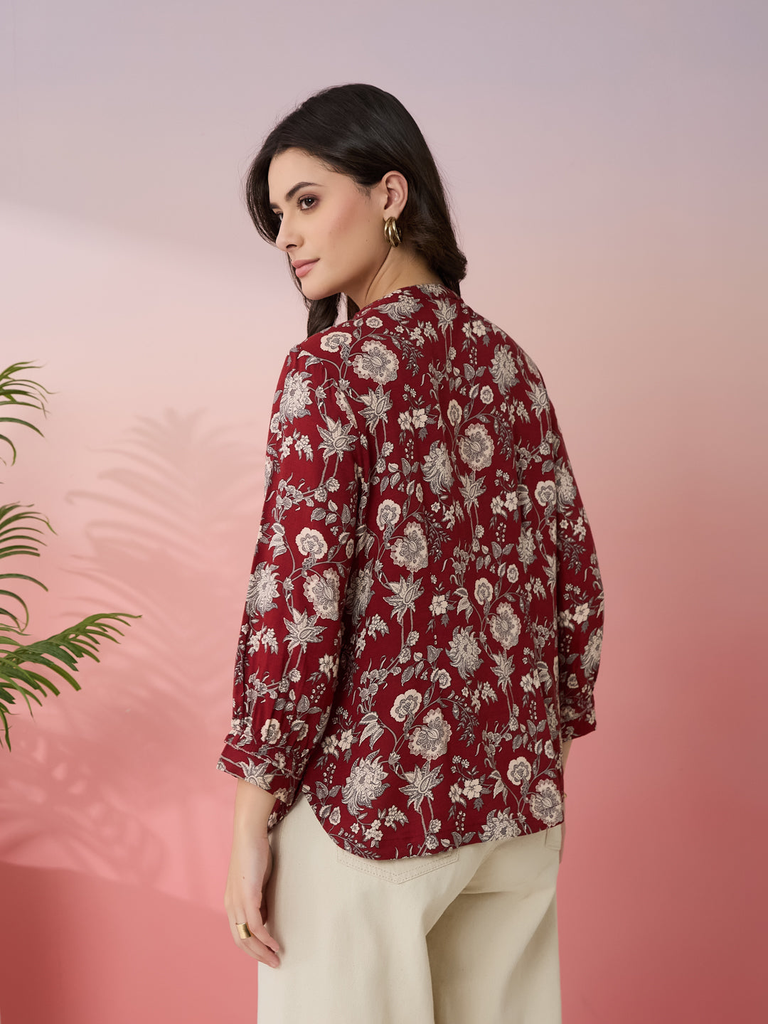 Latin Quarters Women's Maroon Printed Mandarin Neck 3/4th Sleeves Casual Top