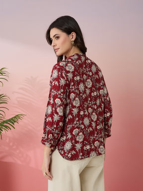 Latin Quarters Women's Maroon Printed Mandarin Neck 3/4th Sleeves Casual Top
