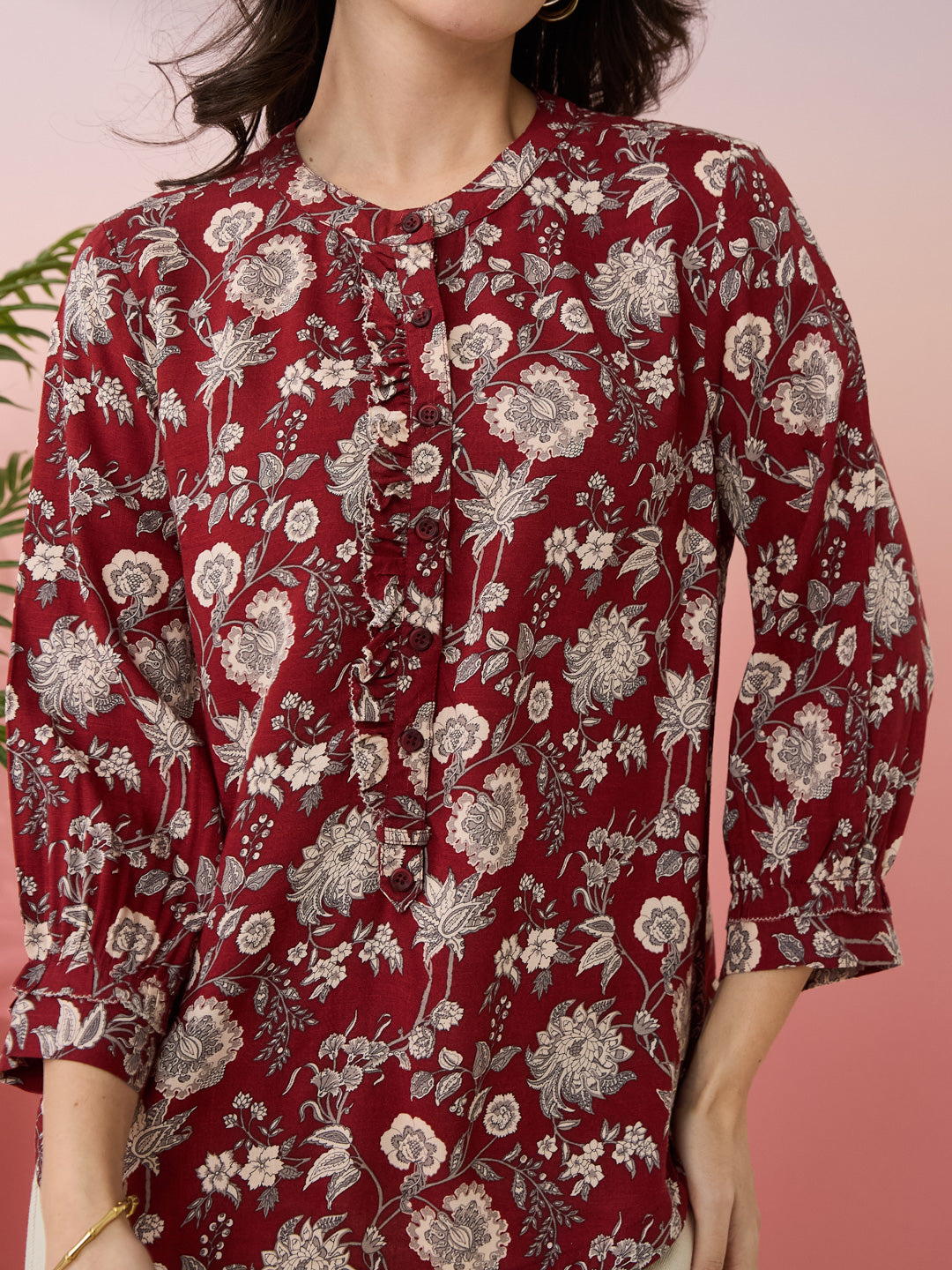 Latin Quarters Women's Maroon Printed Mandarin Neck 3/4th Sleeves Casual Top