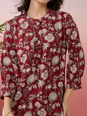Latin Quarters Women's Maroon Printed Mandarin Neck 3/4th Sleeves Casual Top