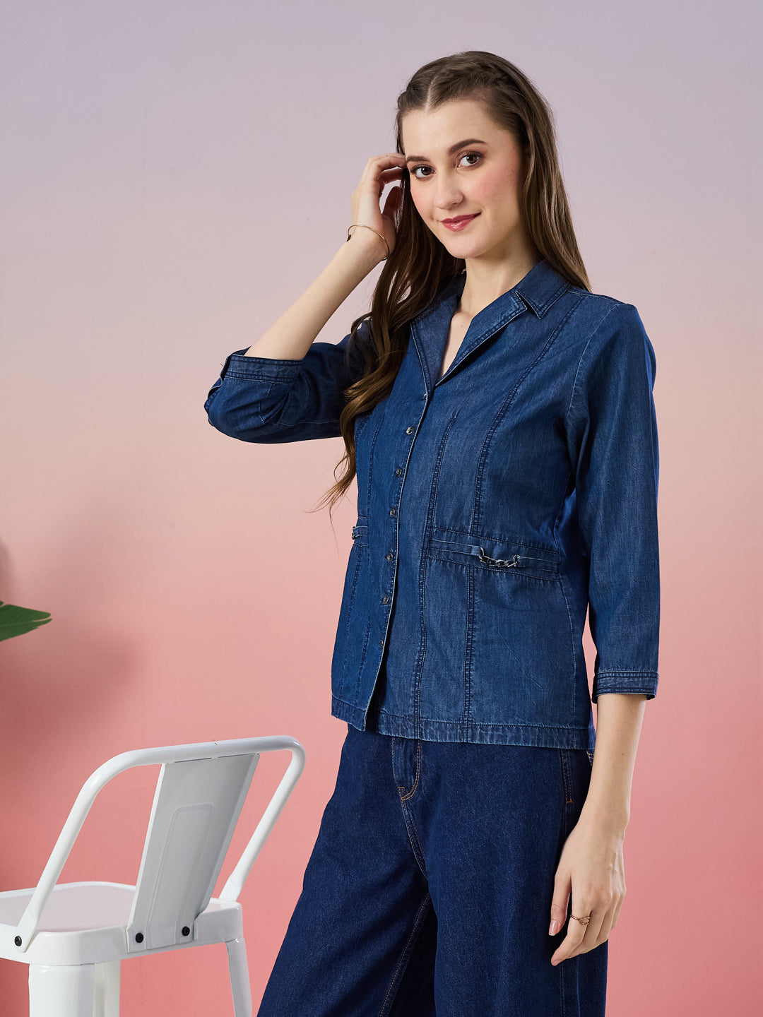Latin Quarters Women's Blue Solid 3/4th Sleeve Collar Neck Casual Shirt