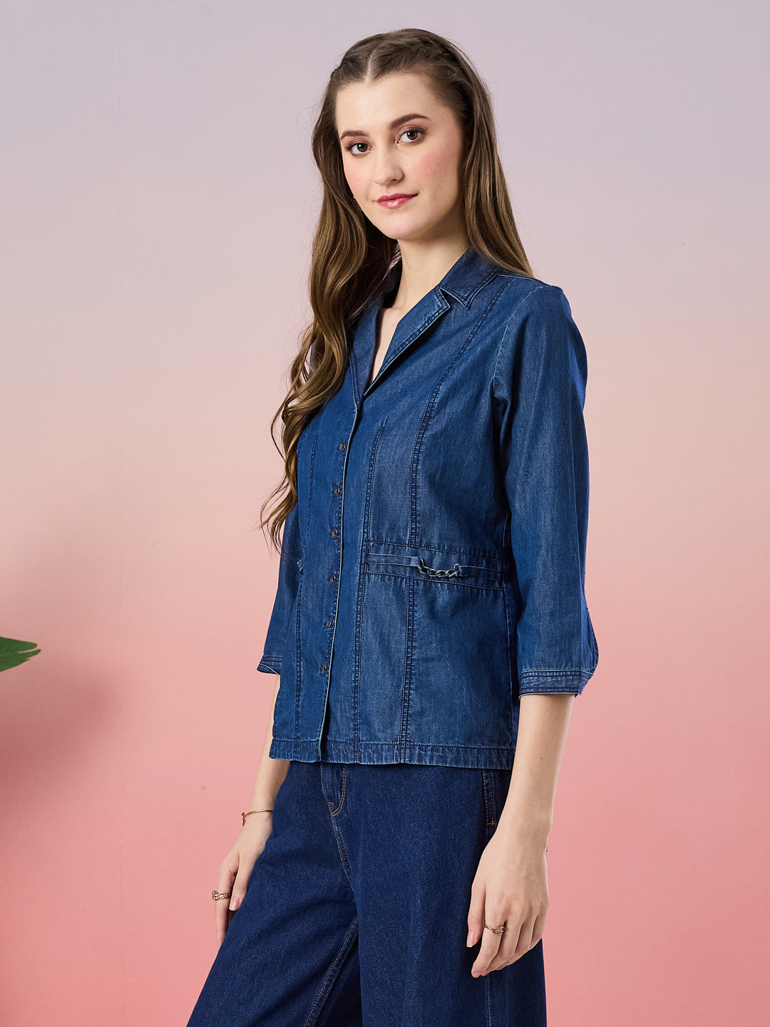 Latin Quarters Women's Blue Solid 3/4th Sleeve Collar Neck Casual Shirt