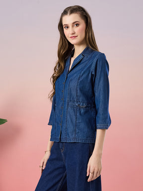 Latin Quarters Women's Blue Solid 3/4th Sleeve Collar Neck Casual Shirt