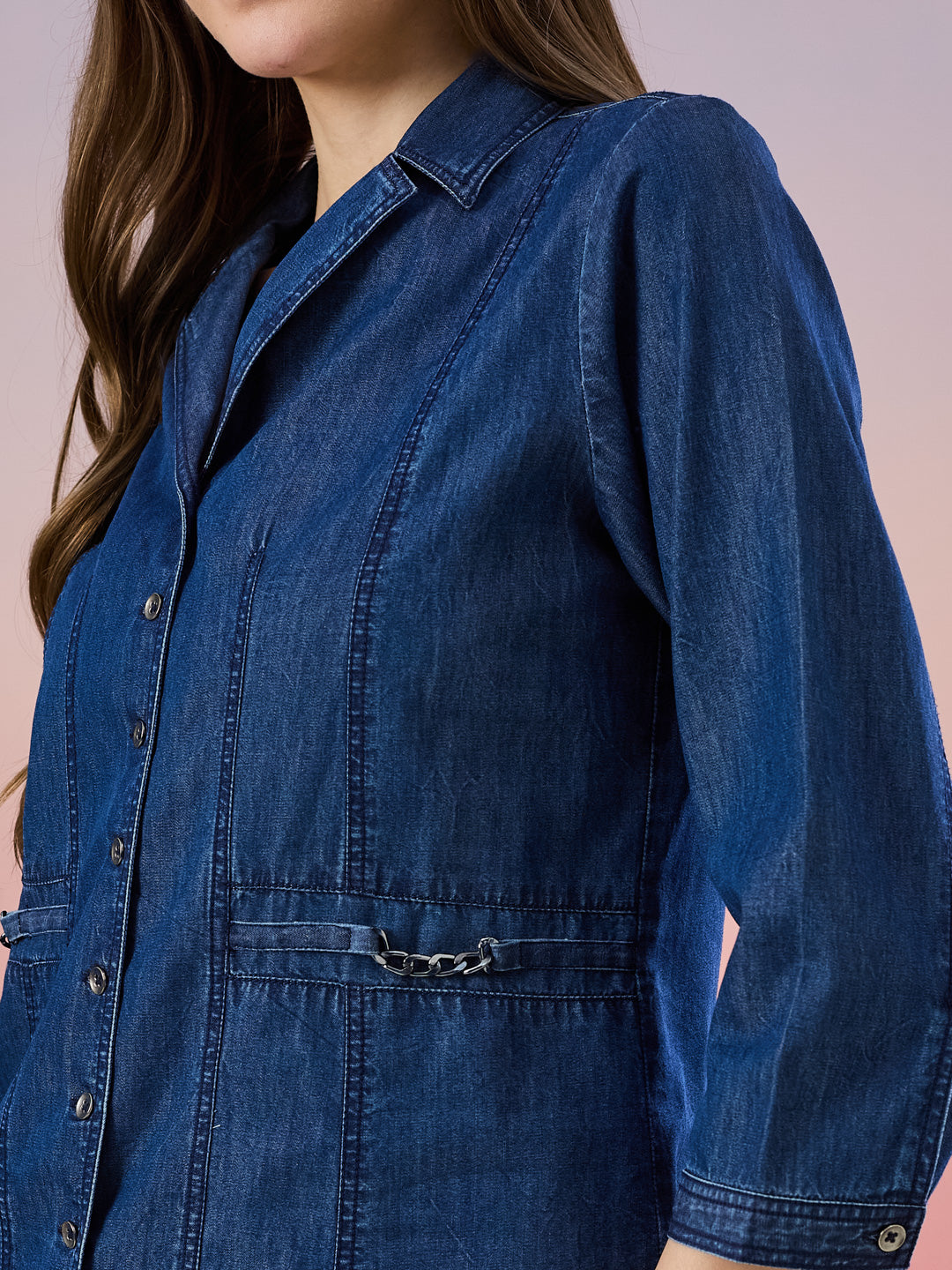 Latin Quarters Women's Blue Solid 3/4th Sleeve Collar Neck Casual Shirt