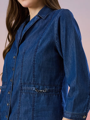 Latin Quarters Women's Blue Solid 3/4th Sleeve Collar Neck Casual Shirt