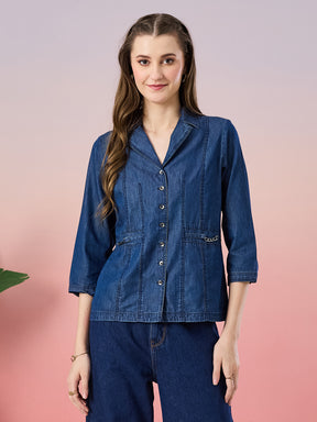 Latin Quarters Women's Blue Solid 3/4th Sleeve Collar Neck Casual Shirt