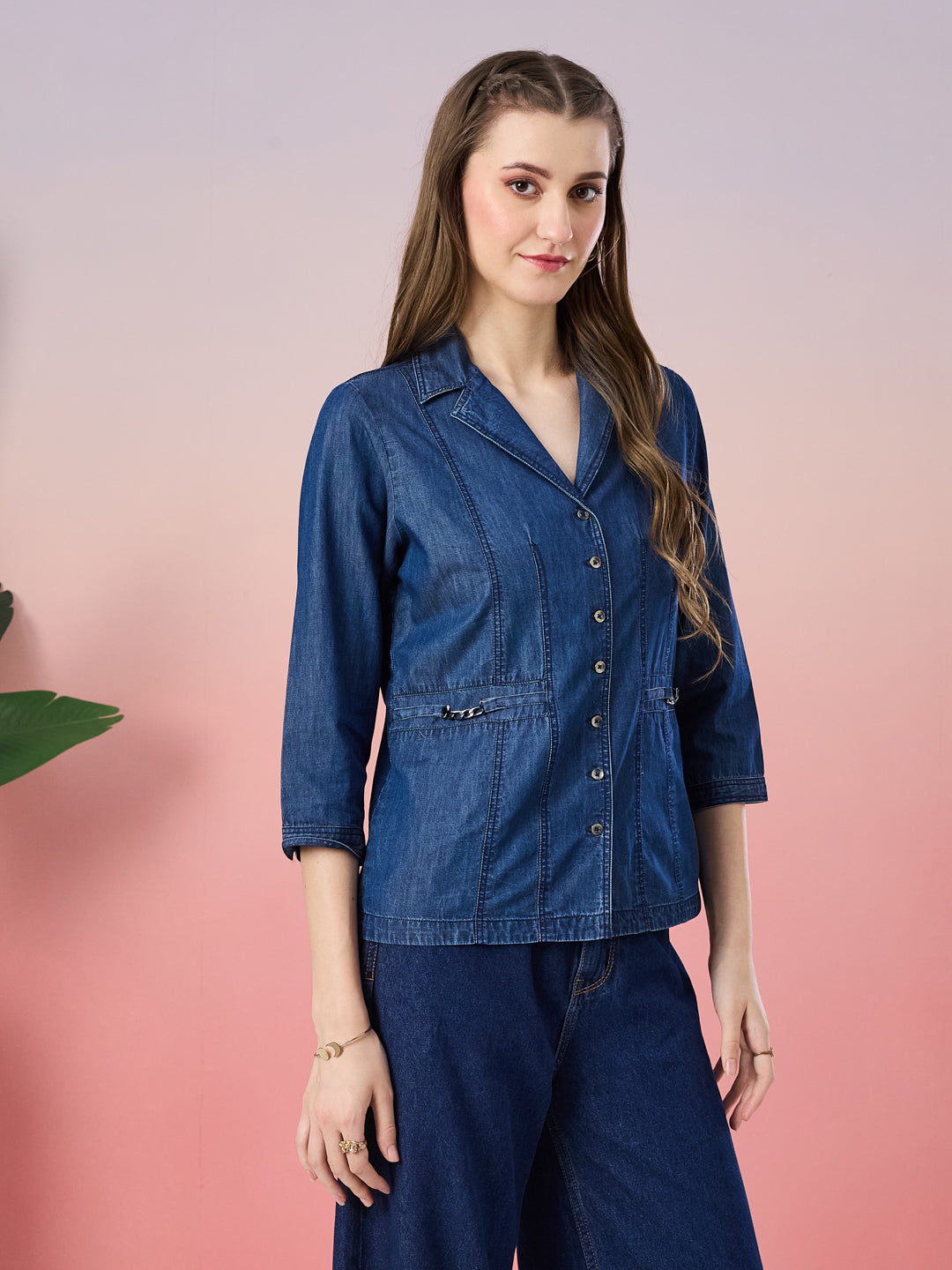 Latin Quarters Women's Blue Solid 3/4th Sleeve Collar Neck Casual Shirt