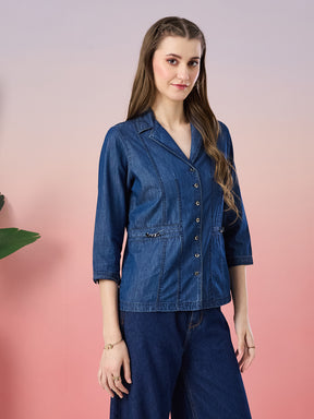 Latin Quarters Women's Blue Solid 3/4th Sleeve Collar Neck Casual Shirt