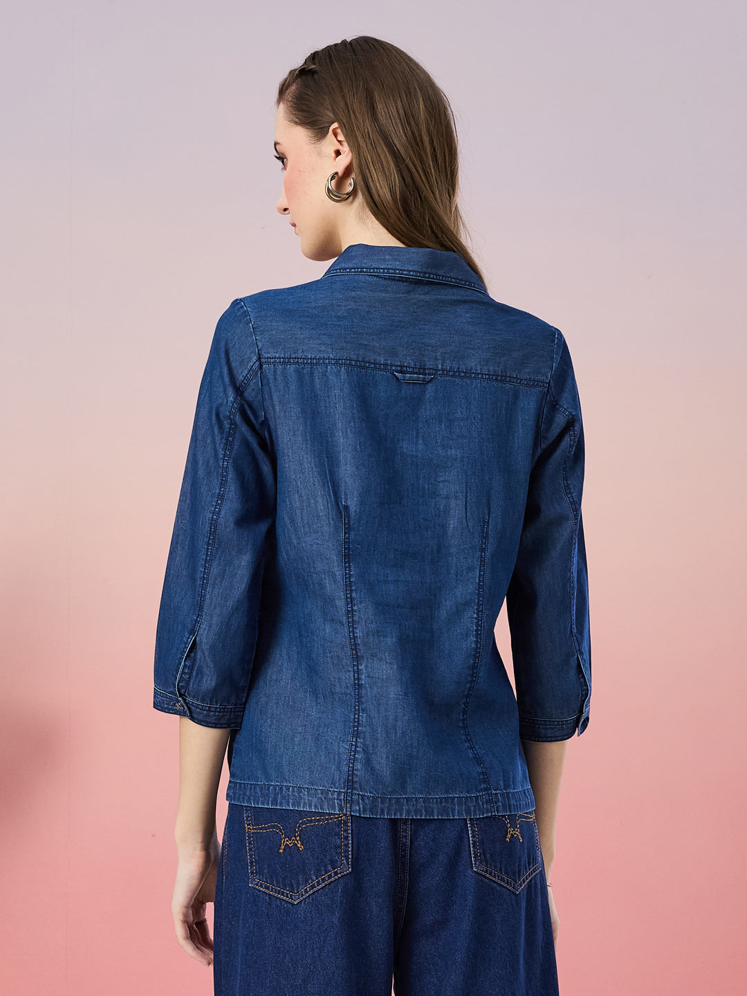 Latin Quarters Women's Blue Solid 3/4th Sleeve Collar Neck Casual Shirt
