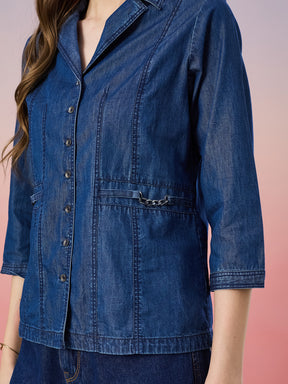 Latin Quarters Women's Blue Solid 3/4th Sleeve Collar Neck Casual Shirt