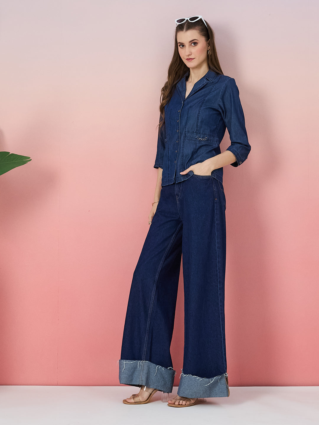 Latin Quarters Women's Blue Solid 3/4th Sleeve Collar Neck Casual Shirt