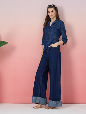 Latin Quarters Women's Blue Solid 3/4th Sleeve Collar Neck Casual Shirt