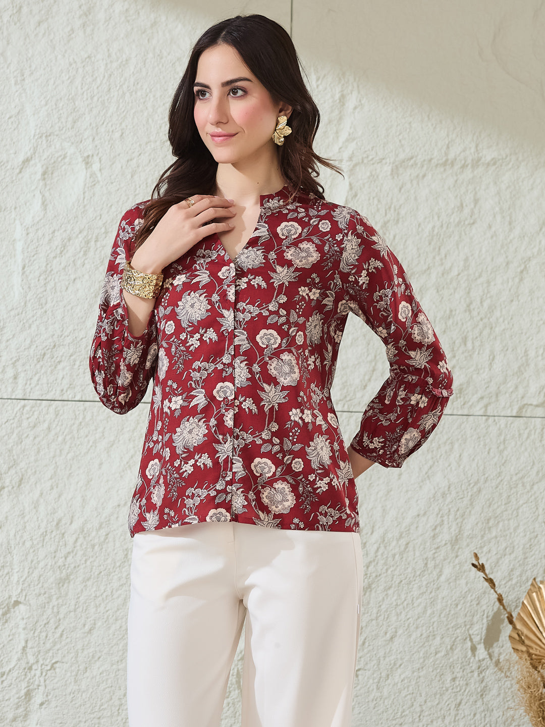 Latin Quarters Women's Maroon Printed 3/4Th Sleeves Mandarin Collar Casual Shirt